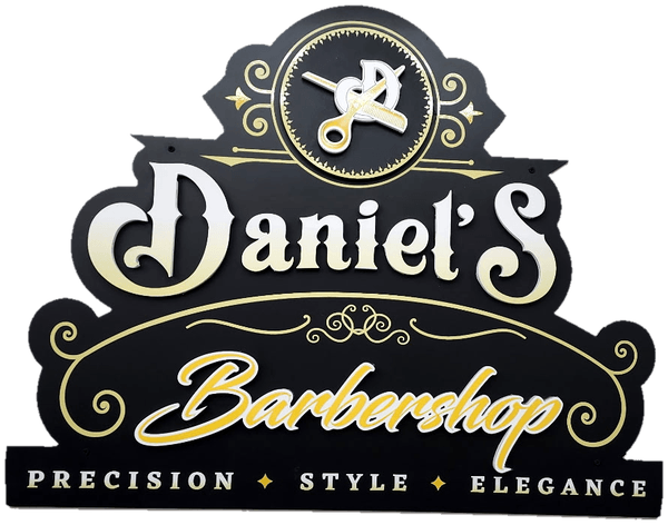 Daniel’s Barbershop logo: gold scissors and comb, Precision, Style, Elegance